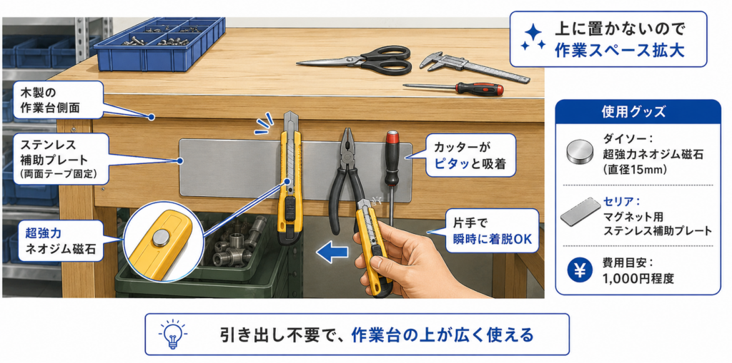 作業台側面への工具吸着の実例写真