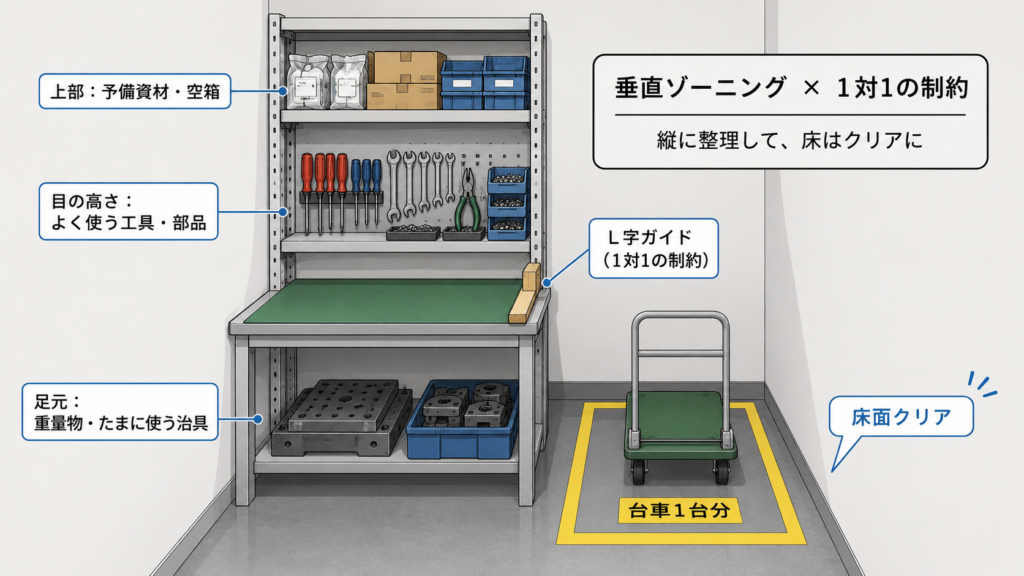 極めて狭い作業スペースにおける垂直ゾーニングのイラスト