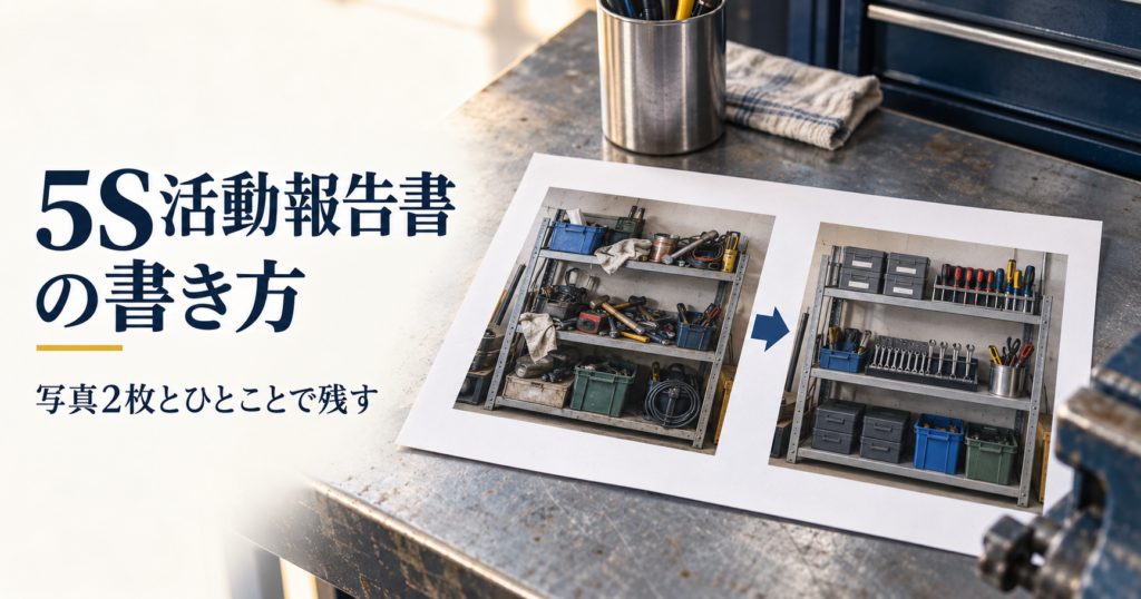 5S活動報告書の書き方を示す生成画像。工具棚の改善前後の写真2枚を並べたイメージ